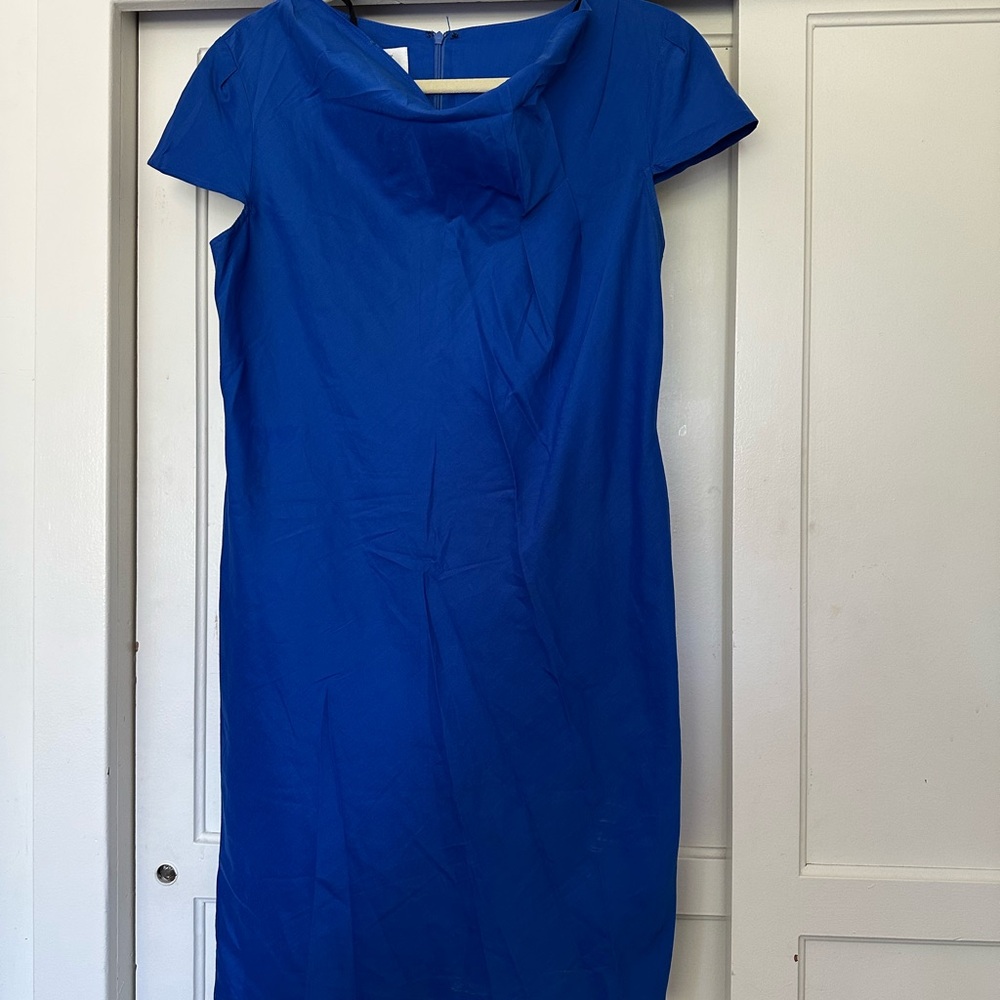 Blue Sheath Midi Dress with Cowl Neck Short Sleeves